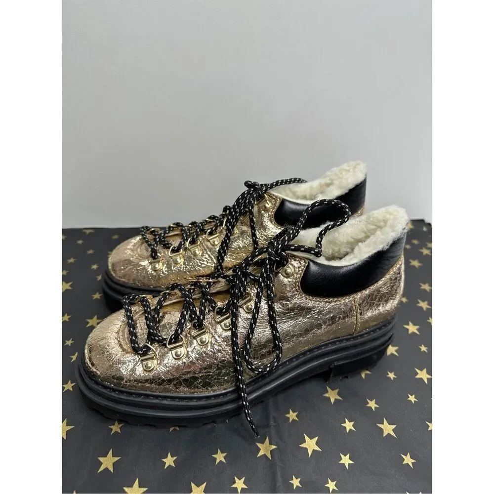 SCHUTZ Shoes Womens Size 5B Boots Shearling Lace Up Hiker Booties Gold‎ Leather